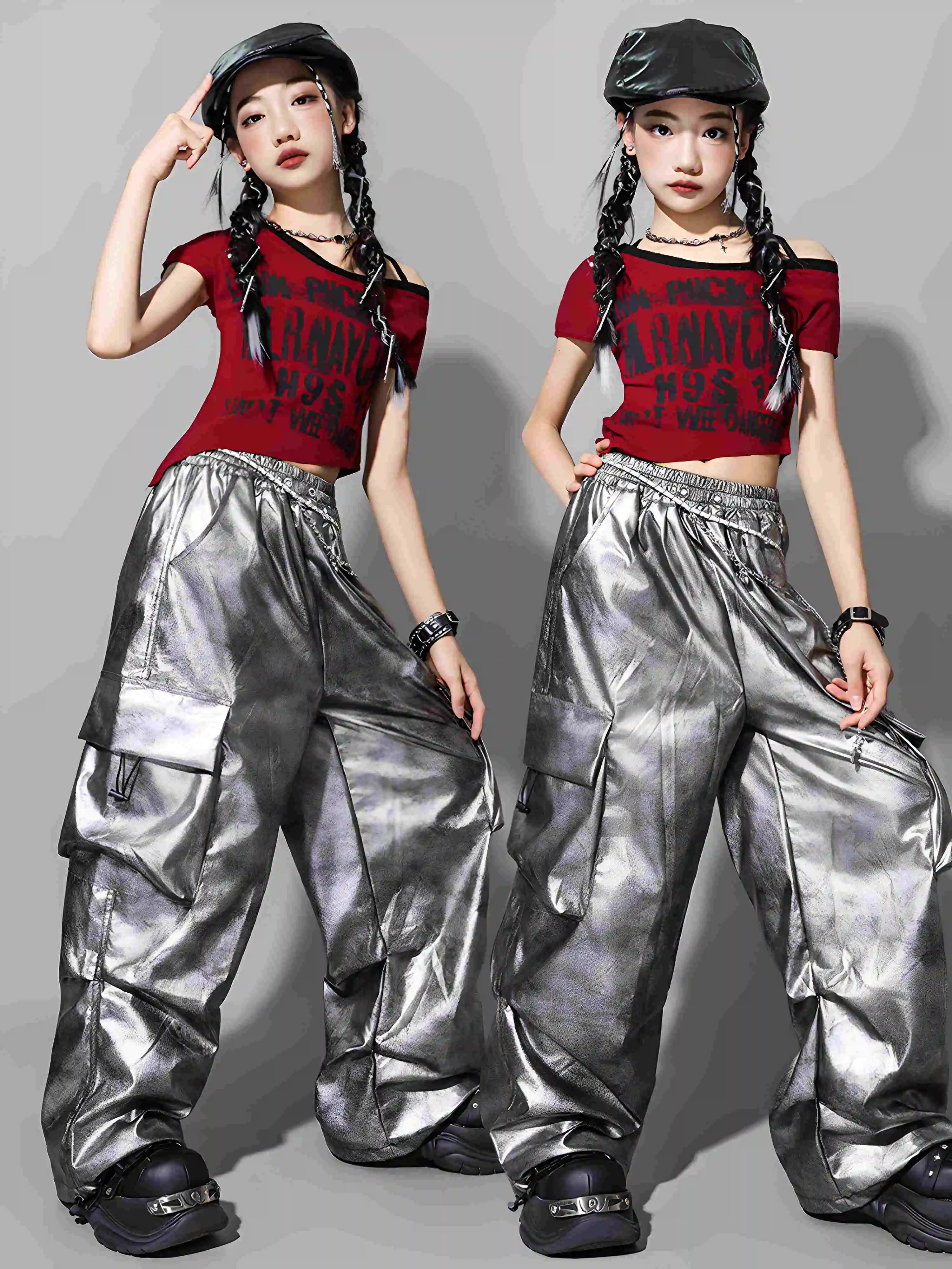 

Костюм для выступлений в стиле хип-хоп для девочек 2025 года, красные топы, серебряные штаны, одежда для джазовых танцев Kpop, одежда для подиума, концерта, сценического шоу, BL16427
