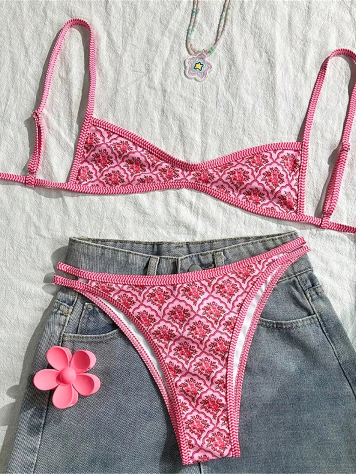 

Женский купальник-бикини с цветочным принтом, высокая талия, комплект из двух частей