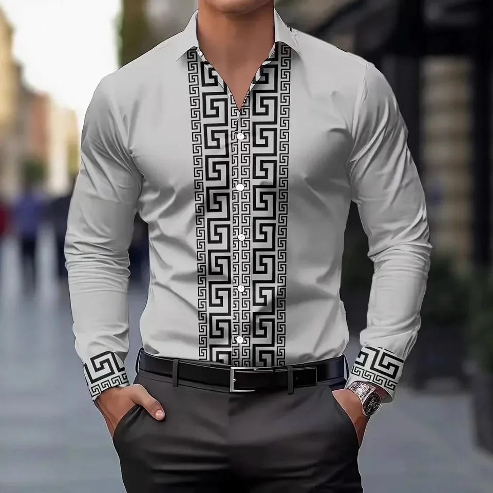 Men's Shirt Retro Men's Geometric Printed Shirt Long Sleeve Lapel Casual Top Men's Long Sleeve