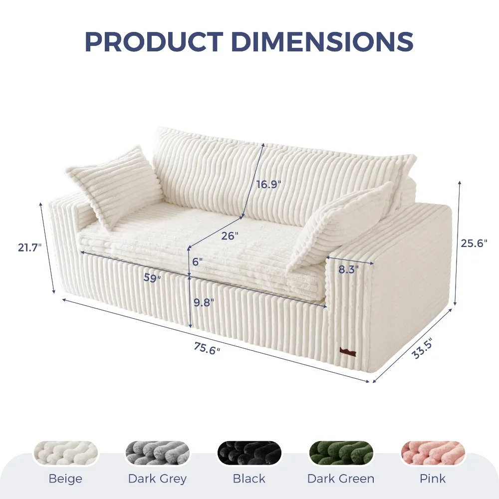 Boneless Couch, 76-Inch Couch in a Box, Oversized 3-Seater Sofa