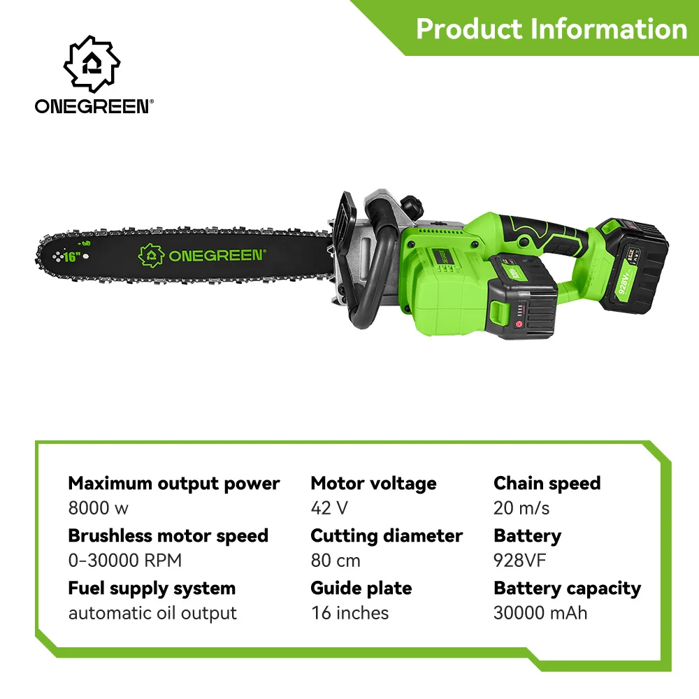 ONEGREEN 8000W 16Inch Brushless Electric Chainsaw Cordless Battery Pruning Saw Woodworking Power Tools For Makita 18V Battery