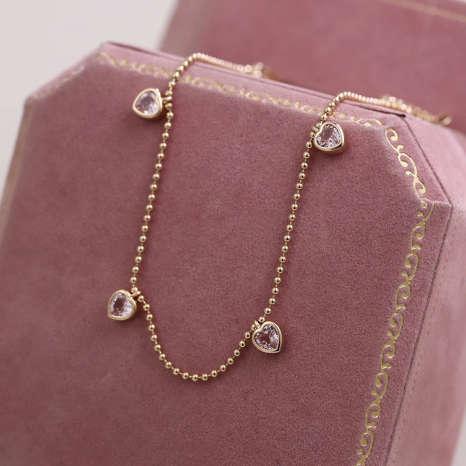14K Gold Heart-Shaped Beaded Chain Bracelet Lab-Grown Pink Gemstone Dangle Bracelet Romantic Daily Wear Gift Jewelry for Women