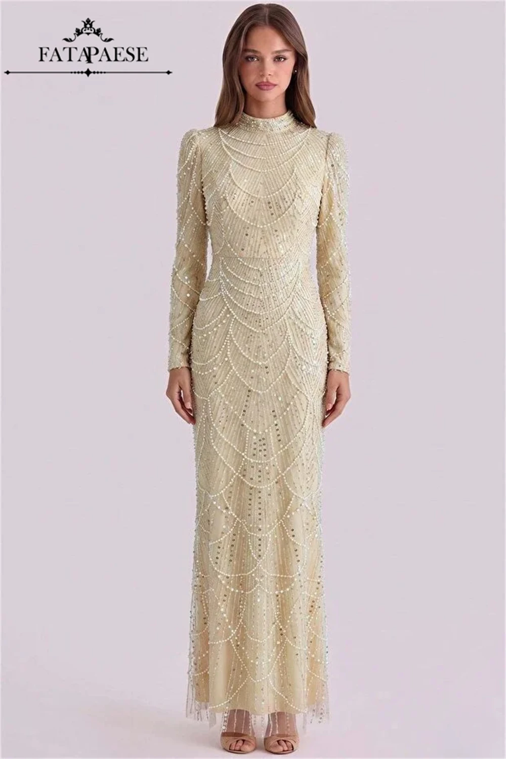 cream and gold dress for wedding guest FATAPAESE Embellishments Pearls Cape Evening Dresses Arabic Muslim Long Sleeve Evening Gowns Shawl earth tone wedding guest dresses