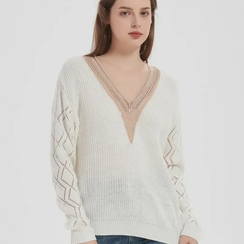 Fashion Pullover Sweater Women's Beige Hollow-out Long Sleeve Puffy Sleeve V Neck Knit Sweater Boho Lace Trim Knit Sweater Top