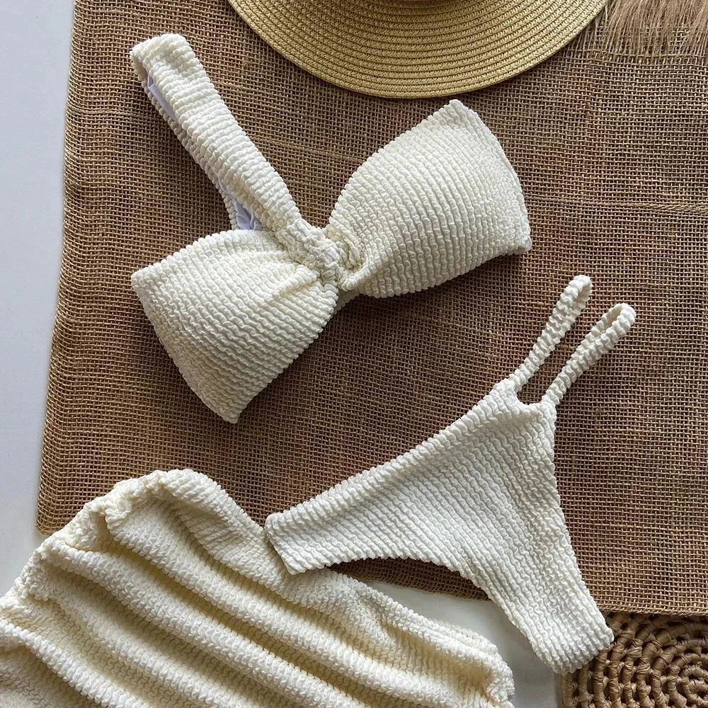 Conjunto de Bikini Beige elegante con detalle de diseño texturizado, traje de baño de tendencia, traje de baño para vacaciones para mujer, trajes de playa para mujer