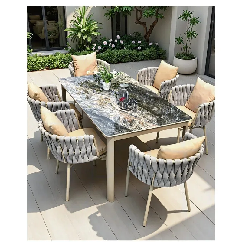 Scandinavian Outdoor Patio Furniture Set Rattan Wicker Aluminum Alloy Stone Table Chairs for Garden Terrace