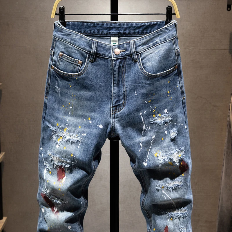 Street Designer Fashion Men Jeans Retro Blue Stretch Slim Fit Painted Ripped Jeans Men Hip Hop Vintage Y2K Denim Pants Hombre