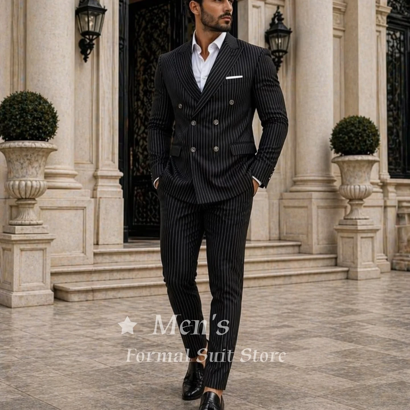 

Black Pinstripe Double-Breasted Suit Slim Fit 2-Piece with Peak Lapel Formal Business Wedding Groom Suit for Men Customized