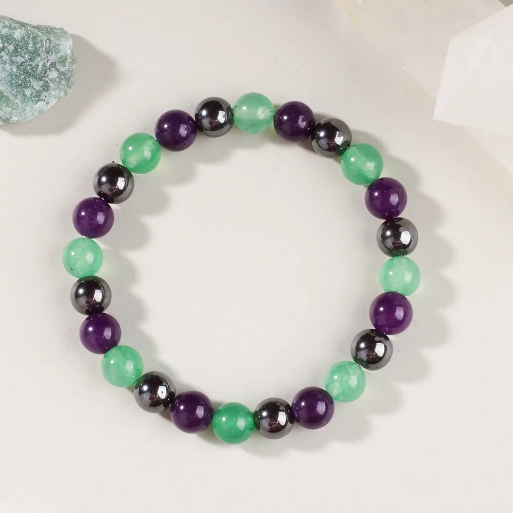 1pc Protection Stretch Beaded Bracelet, Hematite + Faux Amethyst & Green Agate, Balance Emotions & Calm Mind, for Daily Wear.