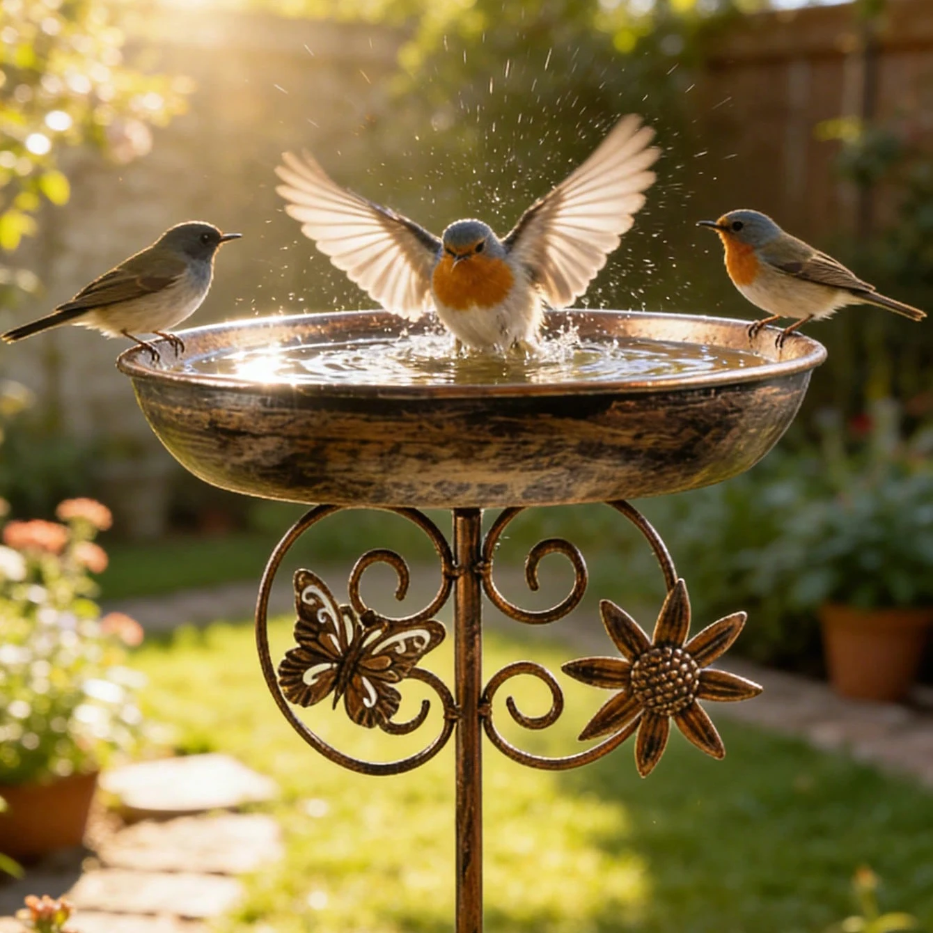 1Pc Vintage Bird Bath and Feeder with a Sturdy Five-Claw Base. This Vintage-Style Bird Bath Is Perfect for Placing on Patios, in Courtyards, on Lawns, and in Gardens, Attracting Hummingbirds and Other Birds. It Is an Excellent Gift for Bird Lovers.
