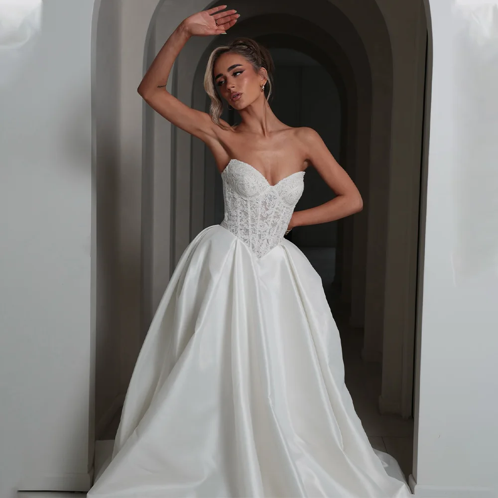 

Luxurious Sweetheart Lace Applique Satin Bridal Grown A Line Wedding Dresses Custom Made Bridal Grown 2026 Vestido De Noival
