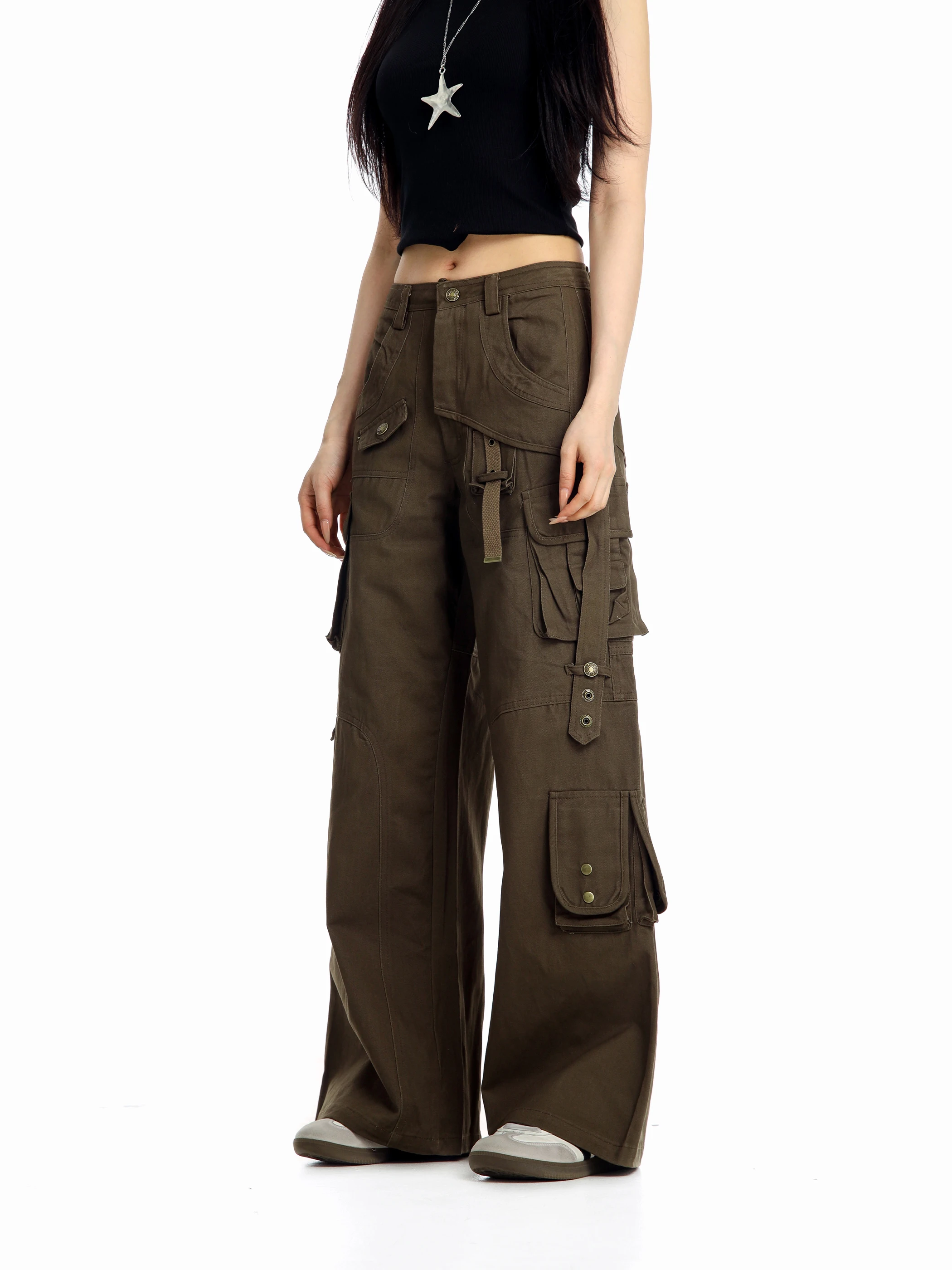 

Summer American Retro Spicy Girl Multi-Pocket Work Pants Women Loose Slimming Casual Pants Breathable Cotton Natural Waist