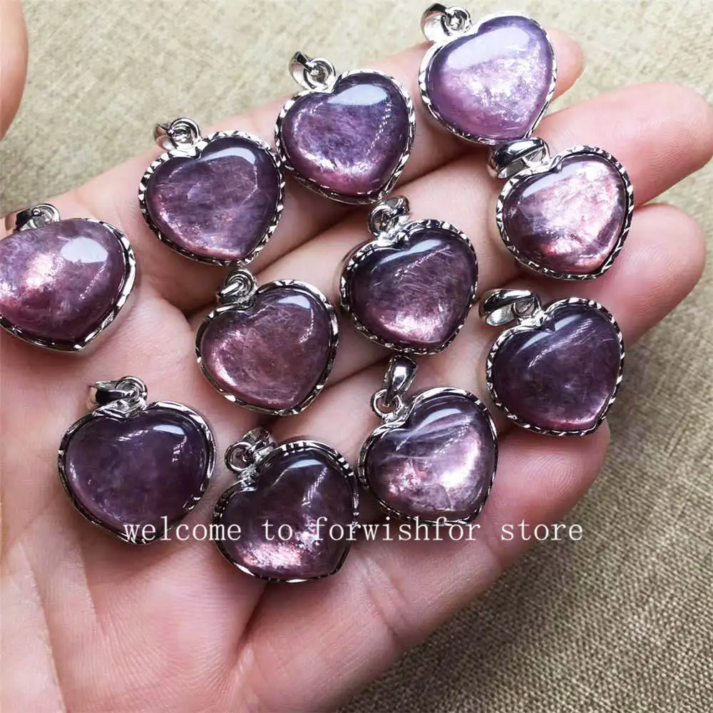 Natural Purple Lithium Mica Single-sided Love Crystal Pendant Inlaid With 925 Silver Ring Bracelet Diy Trickle Jewelry Gift