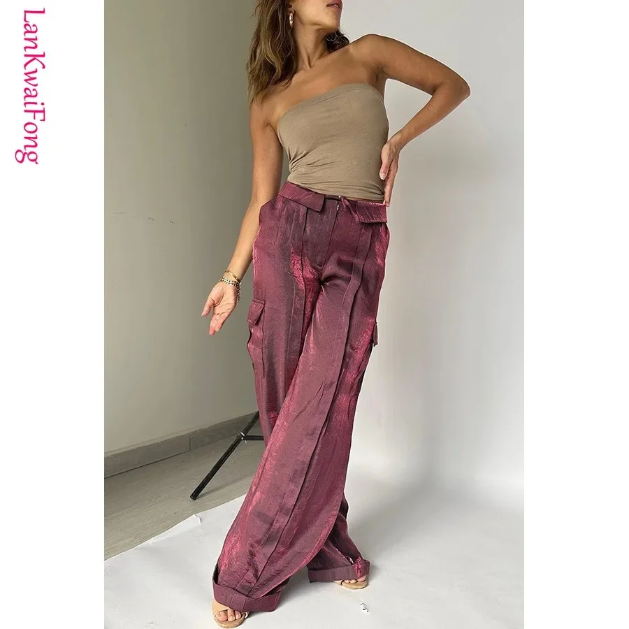 Calça feminina casual solta com zíper, bolso brilhante para férias, moda Y2K, calça reta para clube, nova moda de rua, 2024