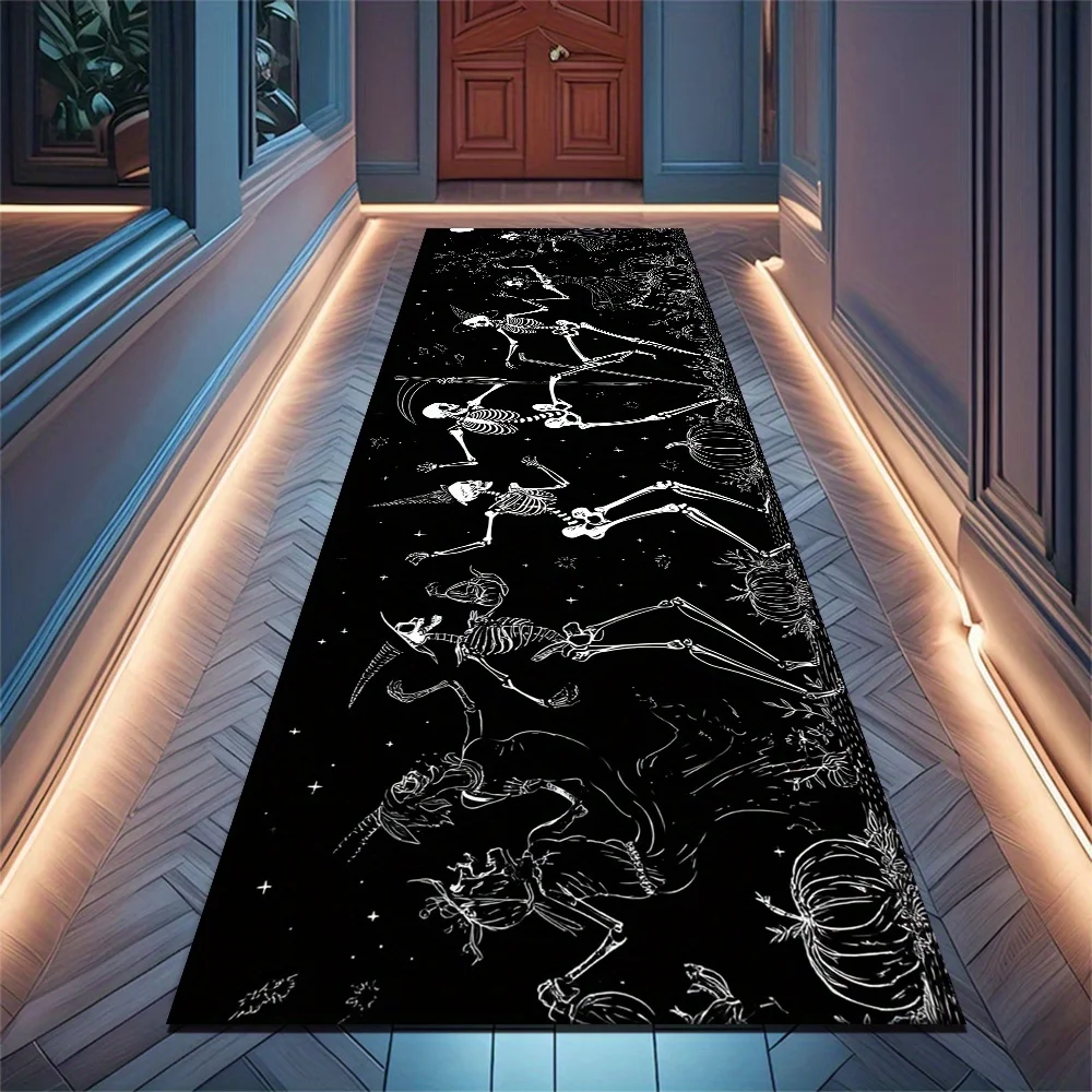 Solid Black Background White Dancing Skeleton Witch Pumpkin Halloween Runner Rug, non-slip mat for bedroom entryway hall aisle