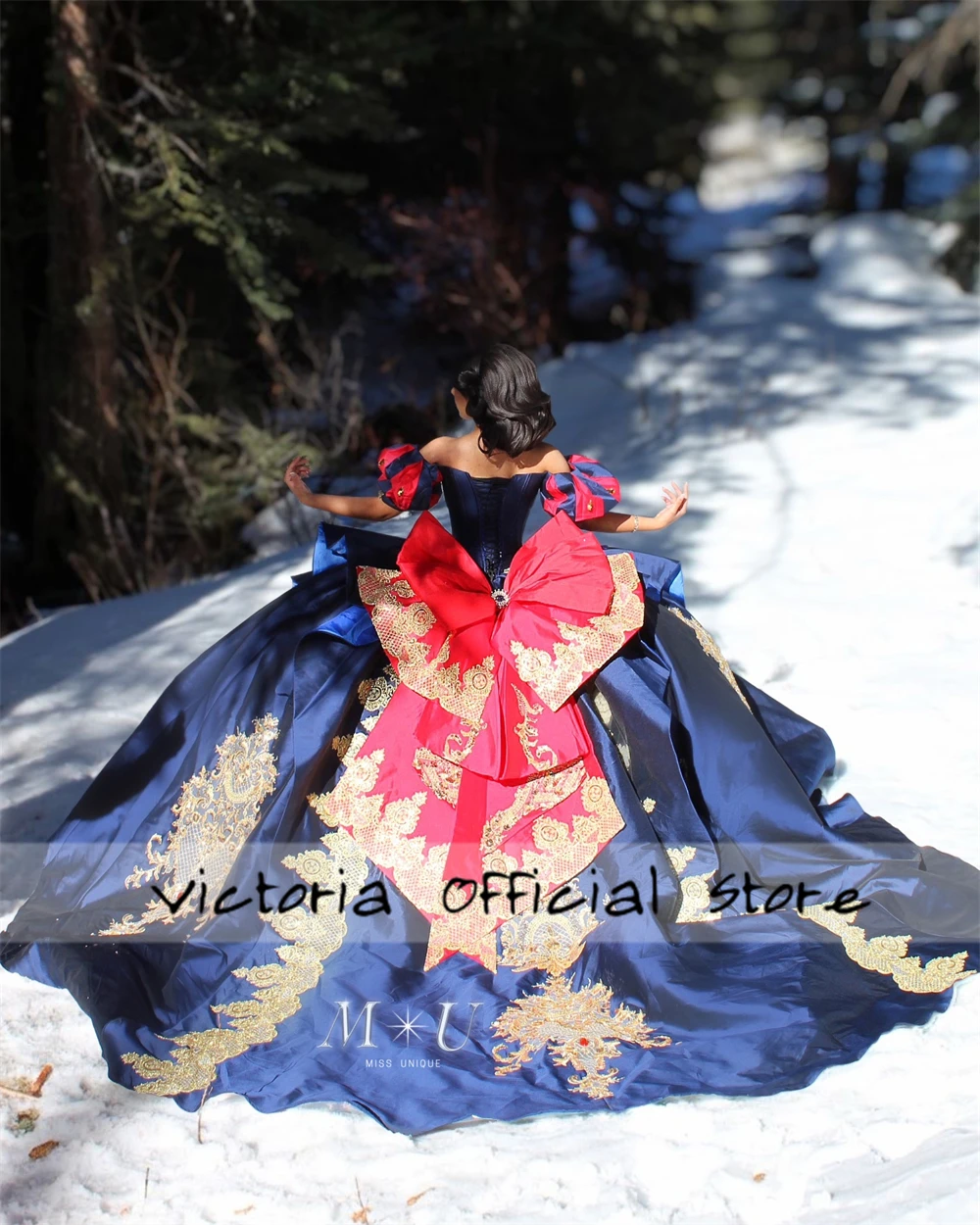 Snow Princess Navy Blue And Champagne Lace Applique Quinceanera Dress Ball Gown Mexica Sweet 15 16 Dress Wedding Gown Customized