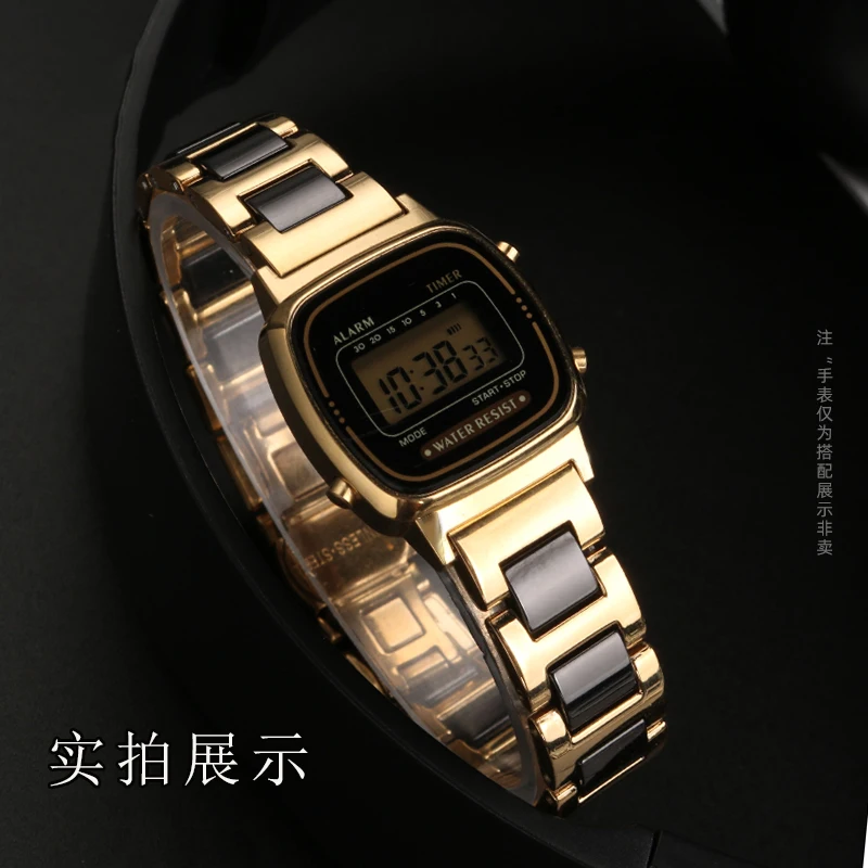 For Casio Small Square Ceramic Watch Band Women LA670 3191 LA670W Small Gold Watch Stainless Steel Ceramic Strap 13mm Bracelet