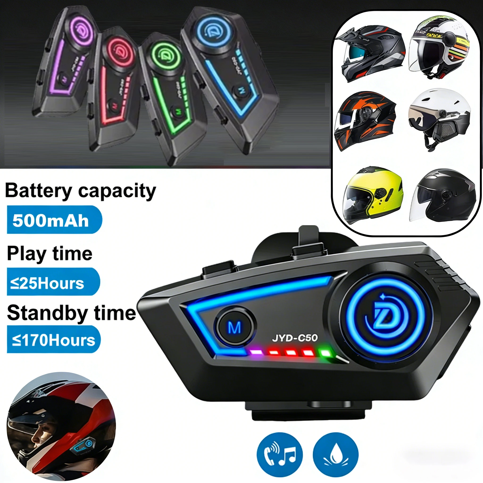 

Беспроводная Bluetooth-гарнитура C50 5.4 для мотоциклетного шлема с RGB-подсветкой, функцией громкой связи, водонепроницаемая, с шумоподавлением