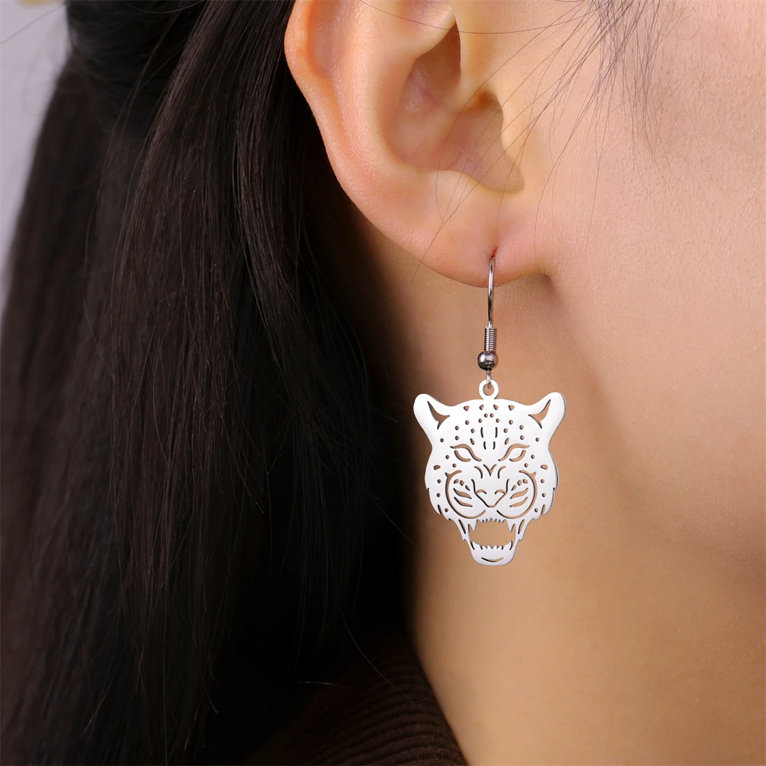Eueavan Tier-Leoparden-Ohrhänger für Damen, Wildtier-Geparden-Hängeohrringe aus Edelstahl, Hip-Hop-Party-Schmuck, Geschenk – Detail 10