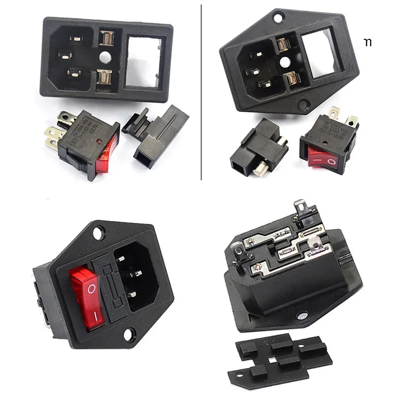 Computer Mount Outlet 2 3 Pin IEC320 C14 Electrical Power Socket LED 250V Rocker Switch Brass 10A Fuse Inlet Plug Connector 220v