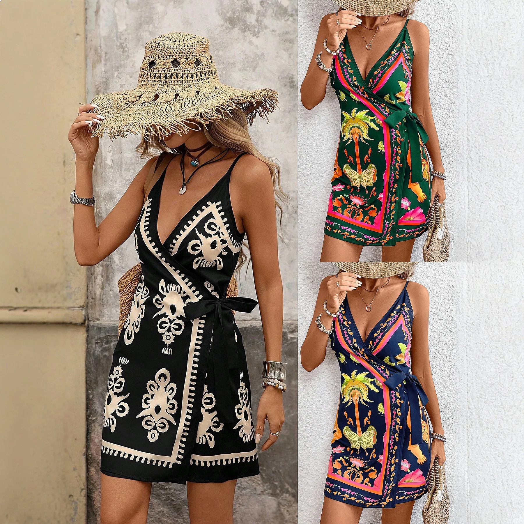 Summer Tropical Print Sleeveless Spaghetti Strap Tie Dress Dresses Jumpsuit Playsuit