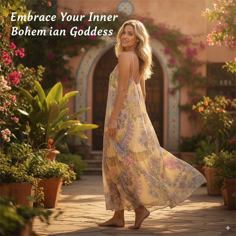 فستان صيفي مطبوع عليه زهور للنساء فستان طويل فضفاض بياقة على شكل حرف V وحزام سباغيتي - ملابس منتجع عطلة متدلية