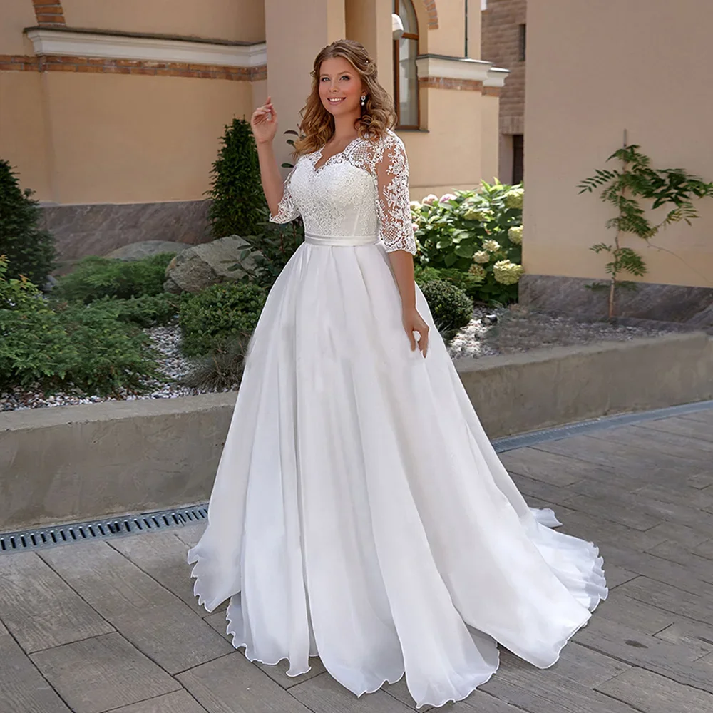 

On Zhu Customzied Plus Size Wedding Dresses Woman Half Sleeves V Neck Sweep Train A Line Lace up Bridal Gown Robe De Mariee