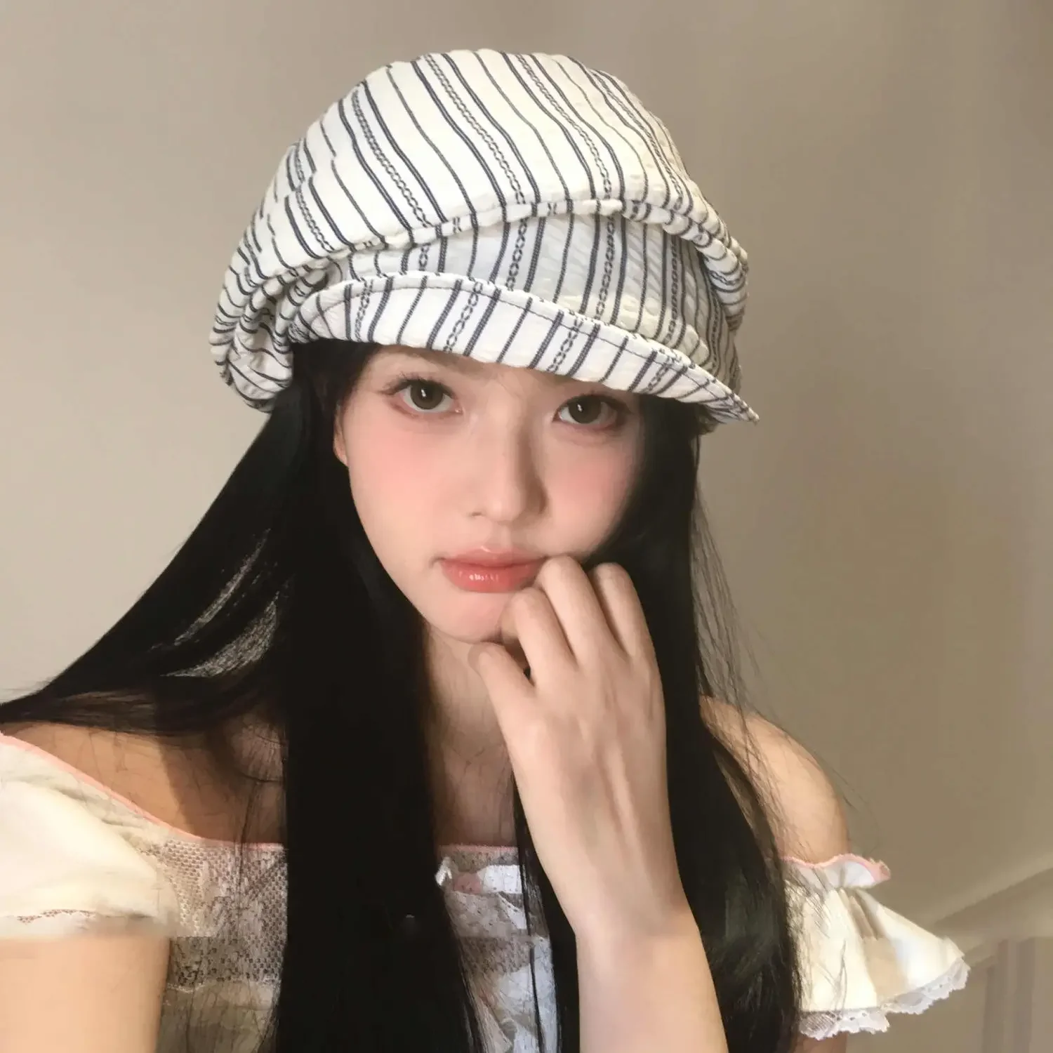 Spring Summer Vintage Japanese Style Irregular Stripes Newsboy Beret Niche Wrinkled Artist Hat Flattering Face Shape