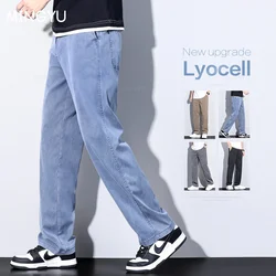 Roupas de marca verão novo tecido lyocell macio jeans masculino azul cintura elástica solta em linha reta fina denim calças masculinas plus size 5xl