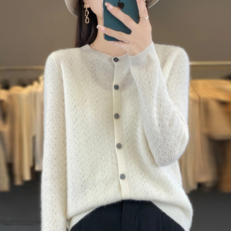 Women's Cardigan Spring/Autumn 100% Wool Knitted Sweater Casual Blouse Loose Ladies Tops Round Neck Single Breasted Jacket
