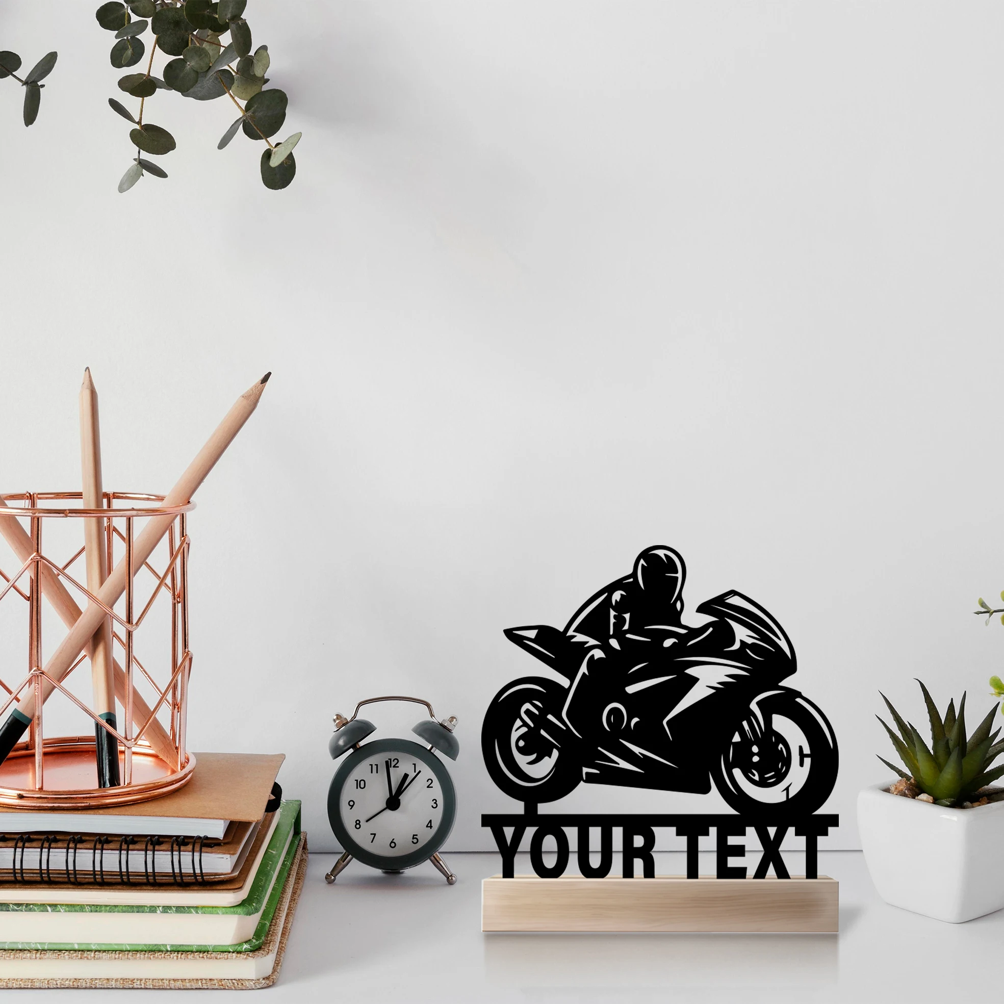 1pc Abstract motorcyclist Personalized Name Metal Statue With Wood Base Iron Ornament Iron Sculpture Art Figurine With Wood Base