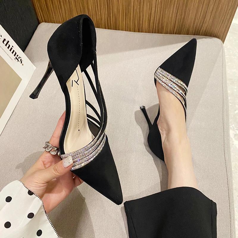 Women 2022 New Autumn Pumps Evening Party High Heels Ladies Pointed Toe Nude Leather Black Suede Gold Patent Leather Strappy