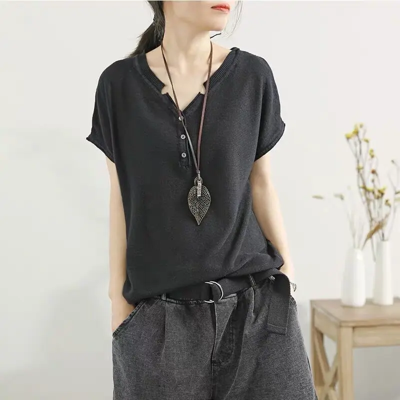 Women Monochromatic V-neck Short Sleeve T-Shirt, Loose Tops, Casual Clothes, Office Lady, All-match, Simplicity, Summer Fashion