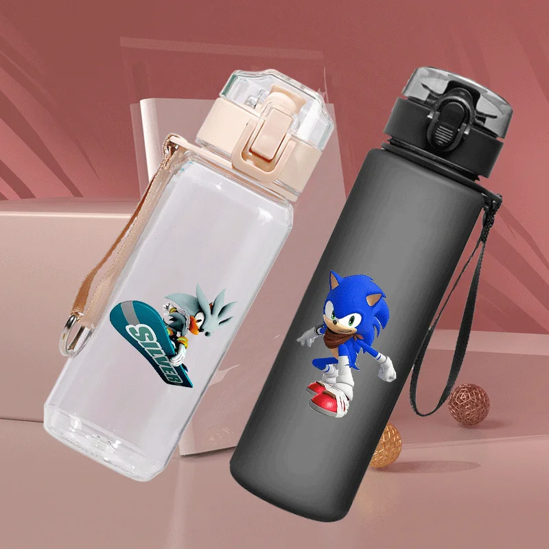 Botella de agua de Sonic The Hedgehog con marcador de tiempo, vasos de plástico reutilizables portátiles de dibujos animados de Anime, taza de agua