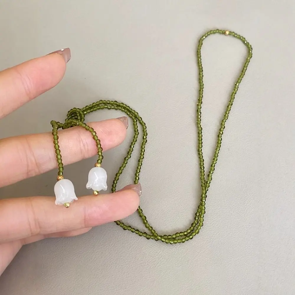 Vintage Lily of The Valley Beads Necklace Pearl Crystal Sweater Chains Green Pendant Necklaces Women