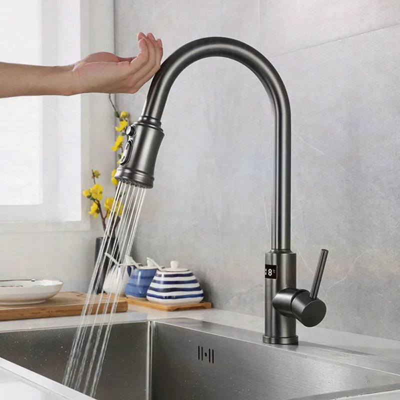 NEW Digital display Automatic Smart Kitchen Faucet Deck Mounted Cold& Hot Water with Handle Two Model water out pull