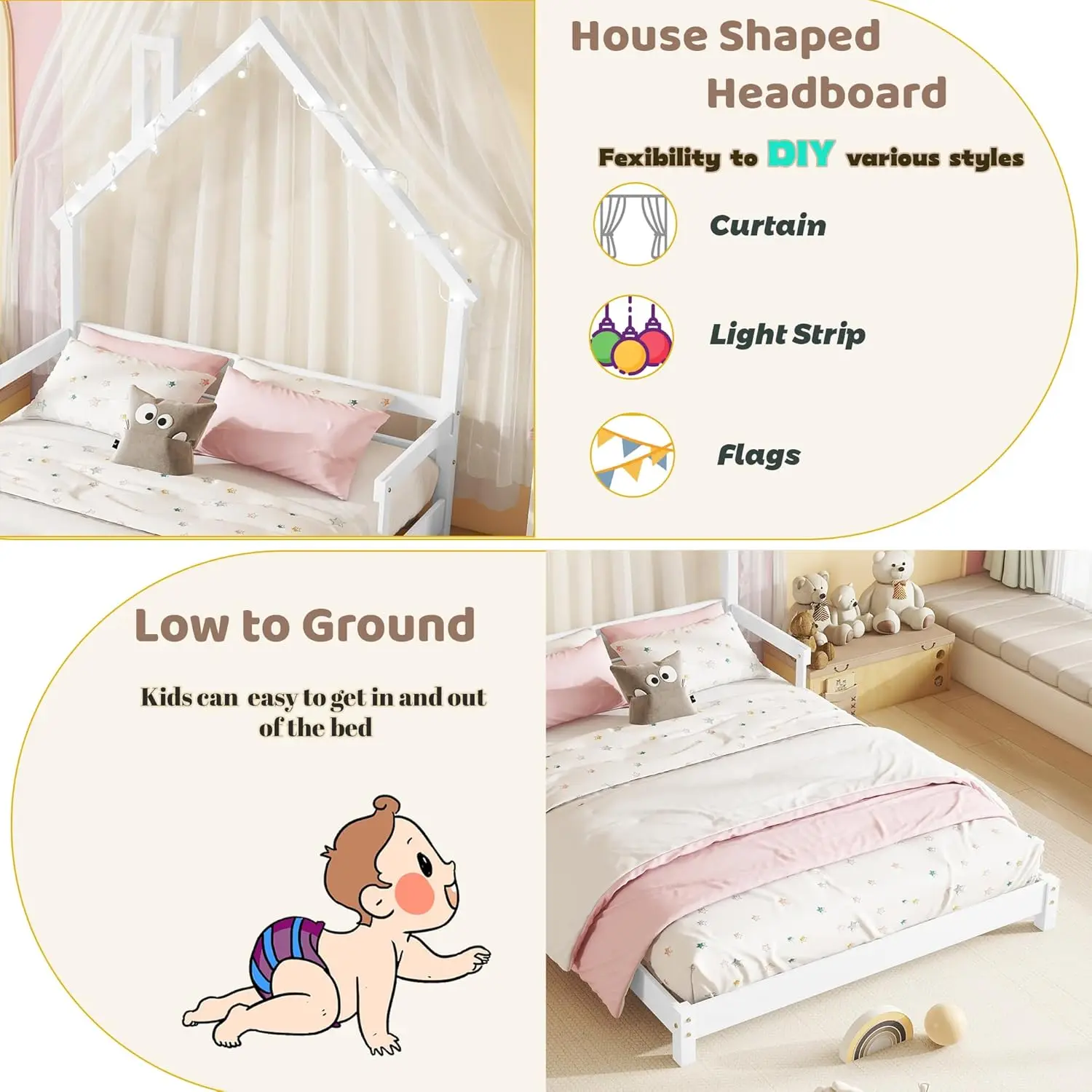 

Полноразмерная напольная кровать с изголовьем дома, полноразмерная детская кровать с решетками из массива дерева, полноразмерная напольная кровать для девочек