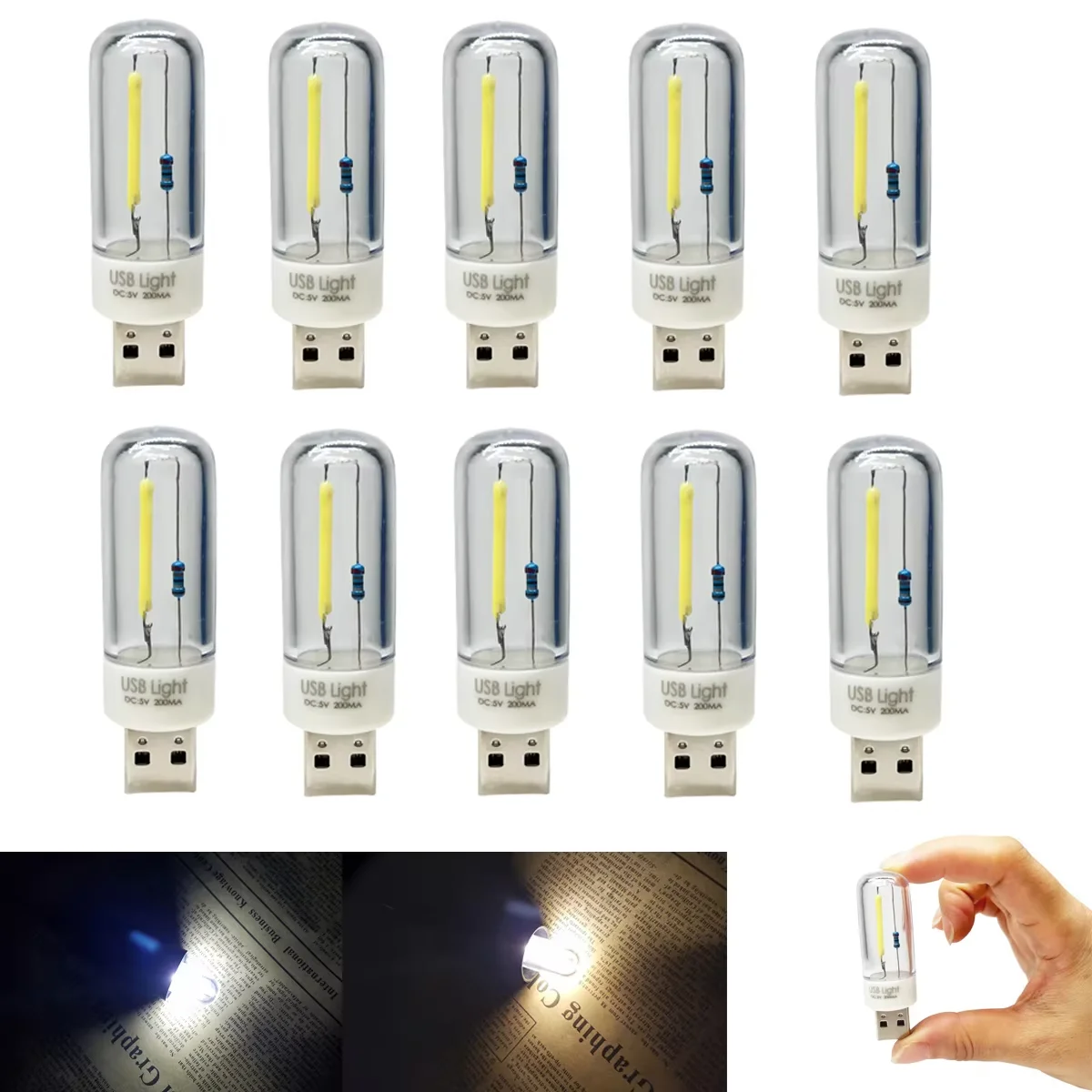 

10PCS Led Night Light 1W Portable Lampu Usb Power Bank Camping 5V Yellow Filament Lamp Reading Fridge Cabinet Desk Study