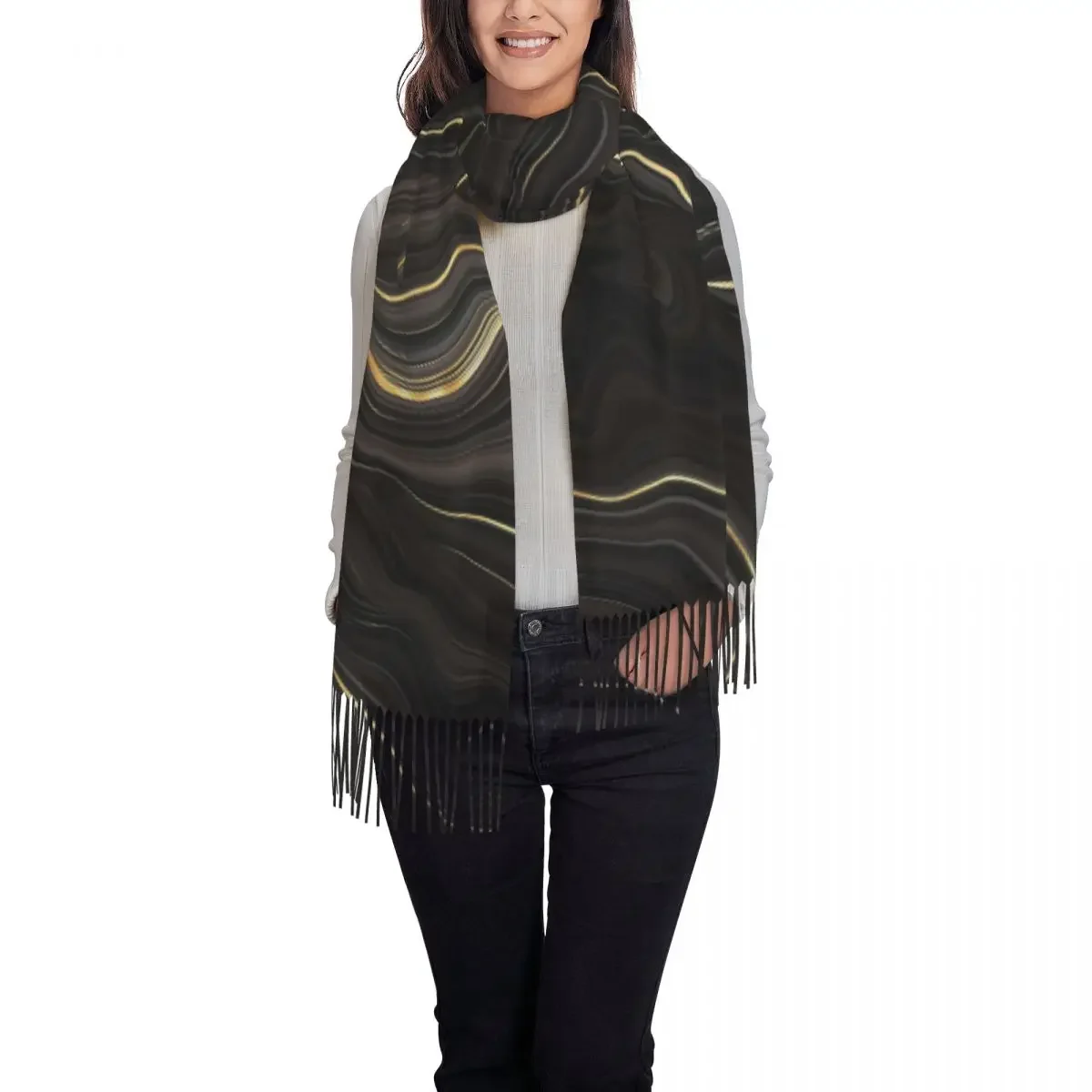 Marble Liquid Scarf Gold And Grey Warm Shawls Wrpas with Tassel Lady Luxury 2024 Head Scarves Autumn Graphic Bufanda Mujer