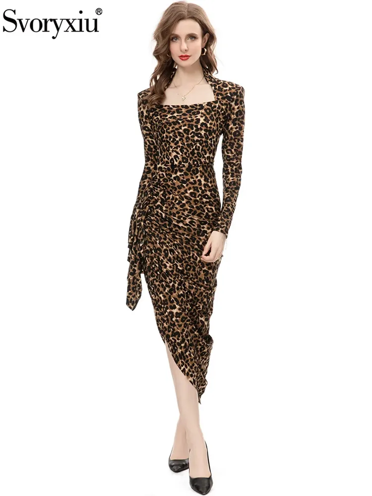 

Svoryxiu Fashion Designer Autumn Party Sexy Leopard Asymmetrical Dress Women's Square Collar Ruched Slim Buttock Covering Dress