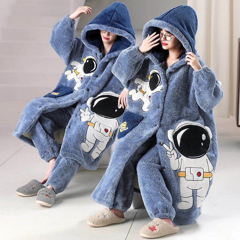 Couples Night-robe Pajamas Women Men Cartoon Astronaut Hooded Robe Winter Coral Velvet Men Pijama Thick Plush Kawaii Robe