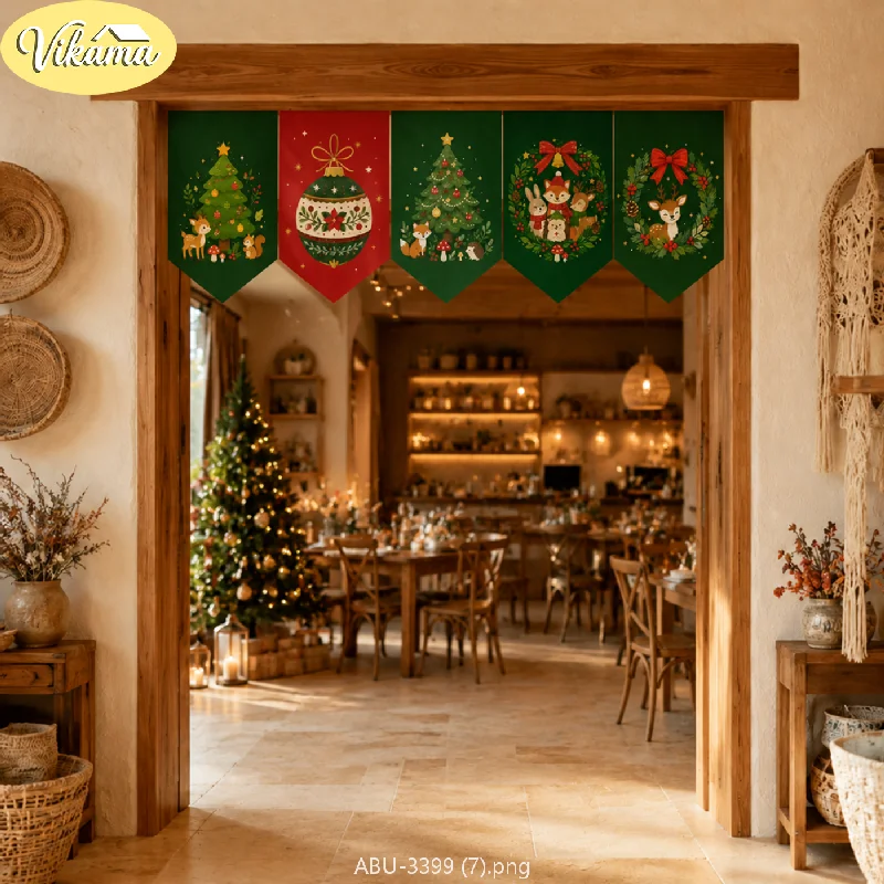 VIKAMA Christmas Pennants, Forest Animal Christmas Tree Pull-Down Banners, Party Backdrop Decor for Doorways