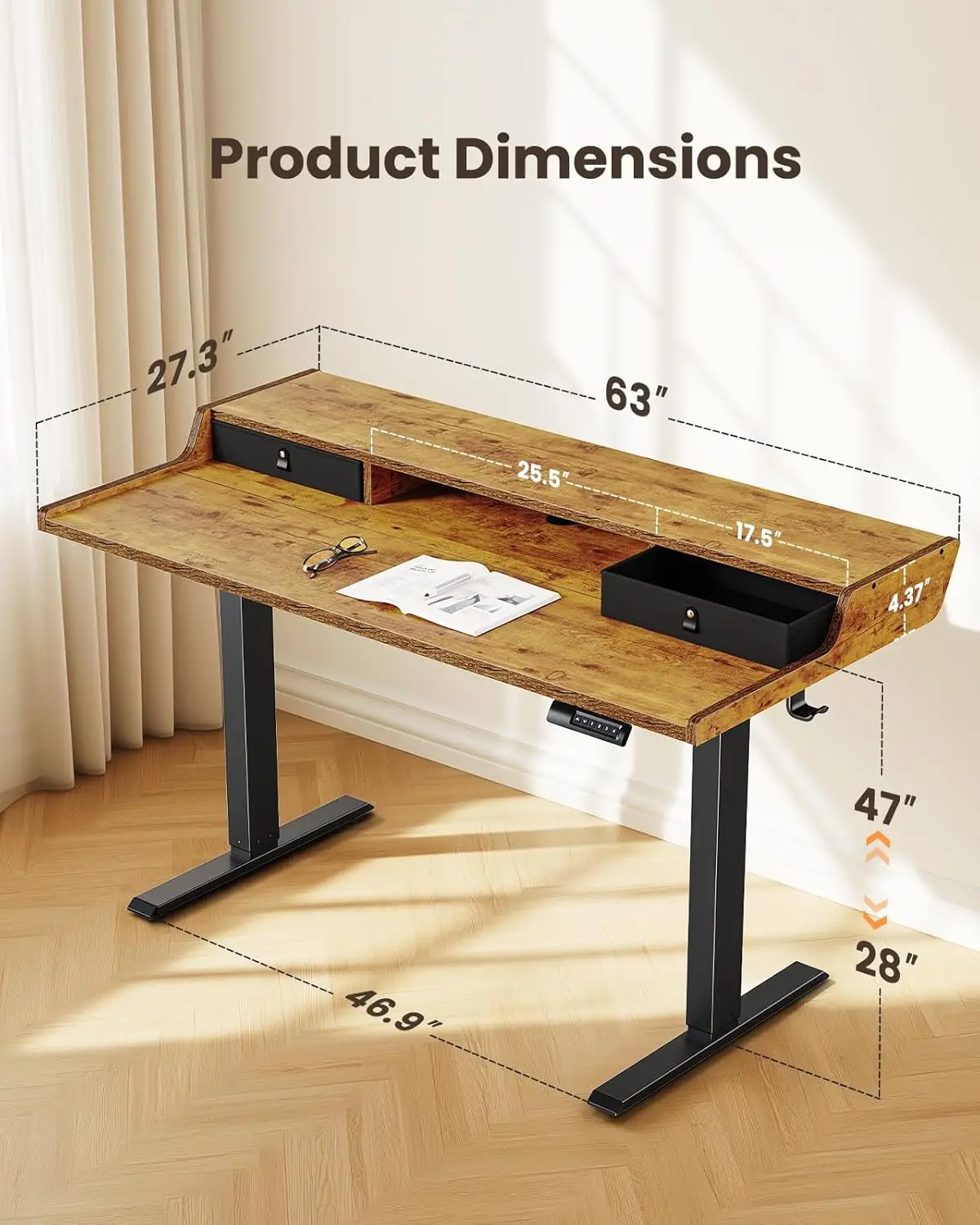 Electric standing office desk with drawers, 63 inch x 28 inch gaming desk with monitor stand, 4 preset heights, vintage brown