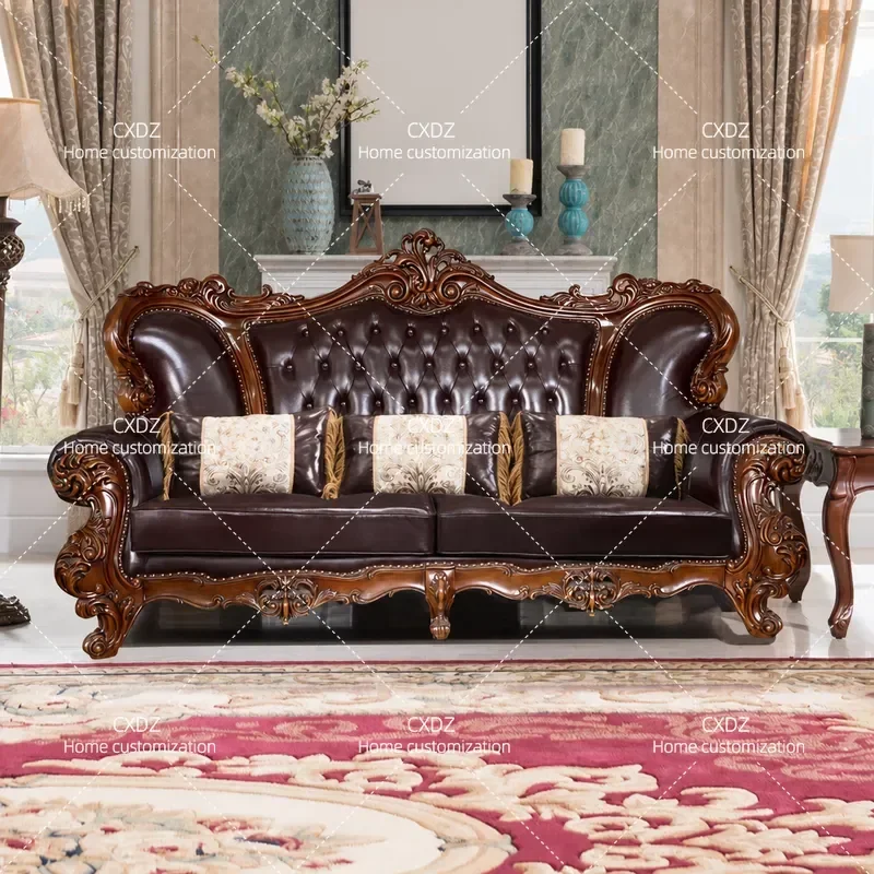 European Style Leather Sofa Double Sided Carved Living Room Flower Pattern First Layer Cowhide Luxury Villa Large Apartment