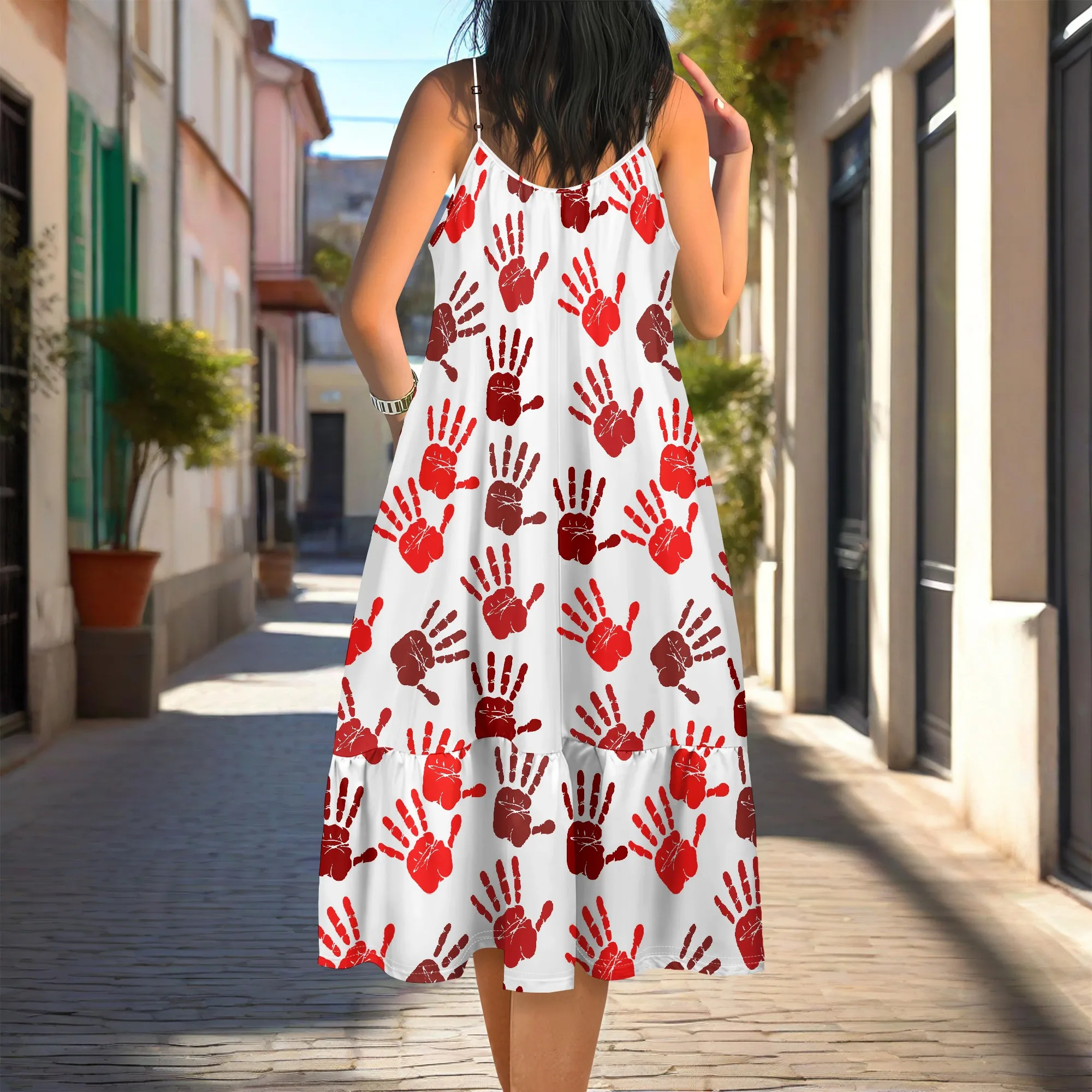 Letnia sukienka midi w stylu boho z nadrukiem ręcznym dla kobiet na codzienne wypadki, zakupy i pikniki