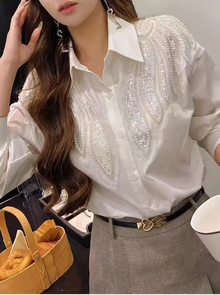 New In 2024 Autumn Beading Sequined Stitch White Cotton Shirts For Women Buttons Up Loose Casual Blouse Woman Top Blusas Clothes