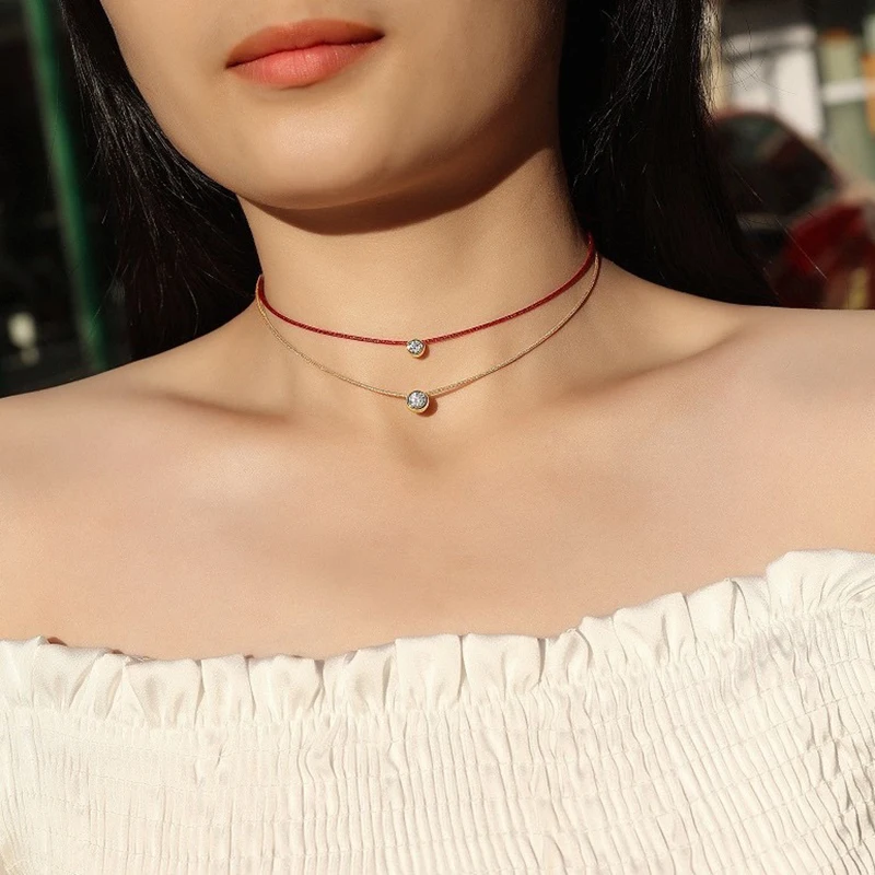 0.3-0.8cttw D Color Moissanite Bubble Red Rope Necklace for Women 925 Sterling Silver Fine Jewelry Adjustable Pass Tester