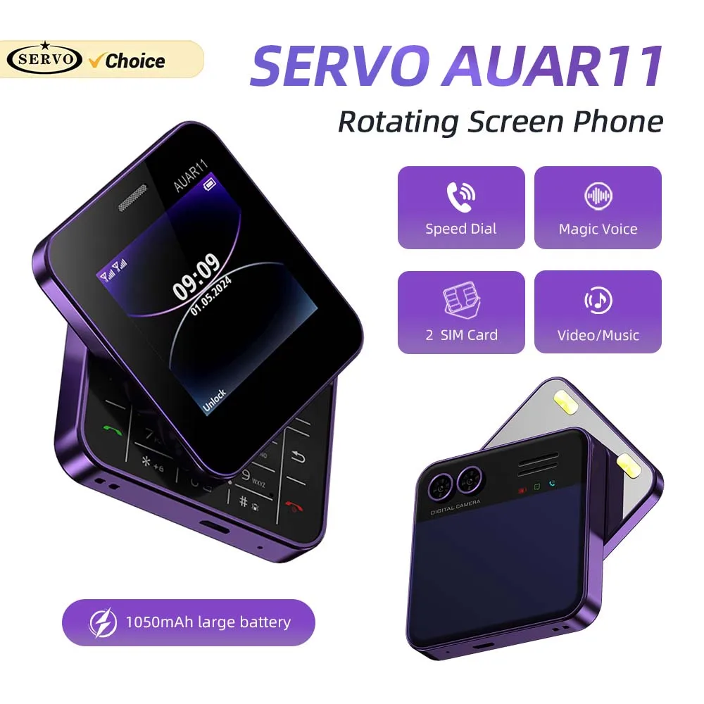 SERVO Rotatable Mini Mobile Phone 2.4 Inch Display Dual SIM Magic Voice FM Radio Speed Dial Unlocked Feature Cellphone Blacklist