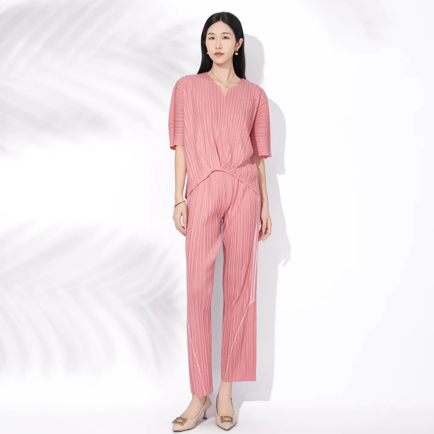 Miyake Pleated Women's Straight-leg Pants Set 2026 Summer New Loose Pullover Top High Waist Drape Two-piece Set