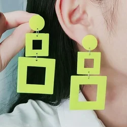 New Fluorescent Square Splice Long Acrylic Earrings Fashion Macaron Geometric Hollow Hanging Earrings Birthday Jewelry Gift